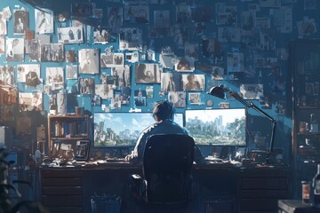 A wall covered in photographs and notes, with an office desk at the center of it all. The atmosphere is dark, filled with mystery as police detective