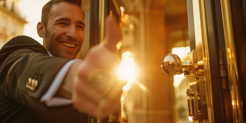 Smiling doorman opens the door to the hotel with an inviting gesture. Background for hotel service banner. - obrazy, fototapety, plakaty