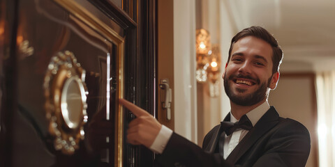 Smiling doorman opens the door to the hotel with an inviting gesture. Background for hotel service...