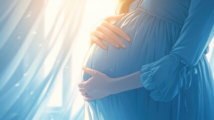 A pregnant woman in an elegant blue dress standing by the window in the rays of the sun.