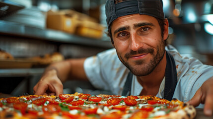 A cook with pizza in his hands in a pizzeria.  Chef preparing pizza in restaurant kitchen