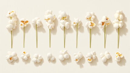 Art object made of sticks with popcorn on a white background.  A set of popcorn on sticks arranged in a row in the form of flowers on stems on a light background.