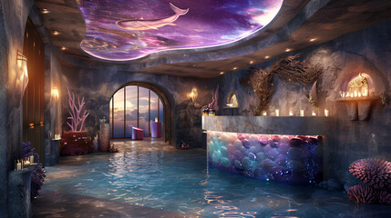 an artist s impression of a spa with a swimming pool and a dolphin on the ceiling
