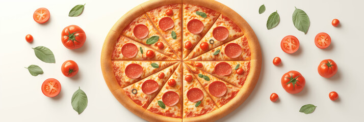 Banner with delicious pizza with tomatoes and basil surrounded by fresh ingredients on a light white background