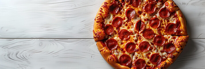 Banner with pepperoni pizza and melted cheese on a white wooden table background.