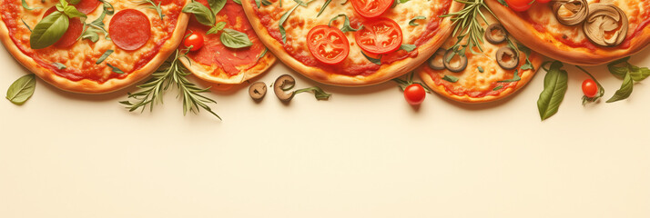 Banner of pizza, divided into various segments with different toppings, on a light background.