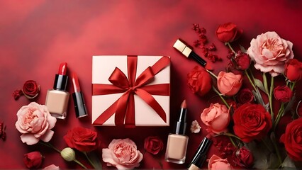 Obraz na płótnie Canvas Pastel Perfection: Makeup Cosmetics and Gift Box Against red Backdrop