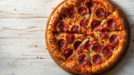 Appetizing pizza with pepperoni on a white wooden table.