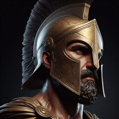 Fototapeta premium Spartan warrior in armor with shield, antique Greek military soldier. Illustration of an antique spartan warrior in armor with a spear in the forest, an ancient soldier in a helmet. 