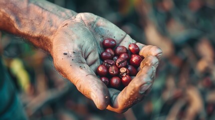 Farmer hand holding arabica coffee beans