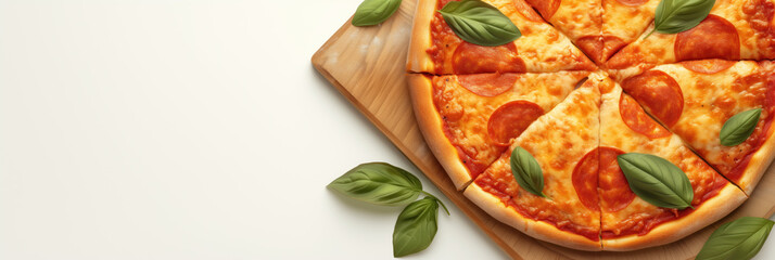 Banner of pepperoni pizza decorated with basil leaves on a wooden base on a light background.