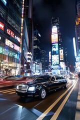 A taxi cab, illuminated by the city lights, navigates through a crowded urban street at night. The yellow vehicle blends in with the sea of cars and people, creating a dynamic and vibrant scene