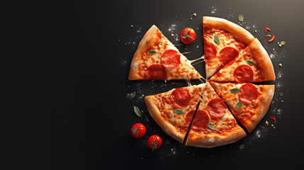 Pepperoni pizza on a black background. Top view.