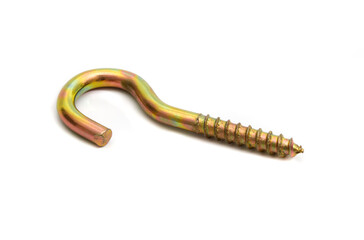 Close up shot of metallic hook screws isolated on a white background.