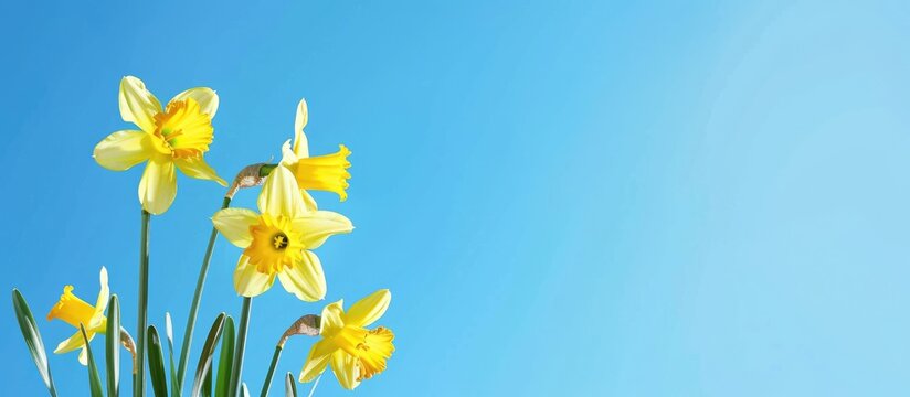 Daffodils set against a blue sky, providing a spring flower background with space for text.