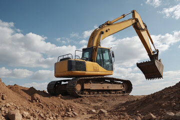 Obraz premium An impressive perspective of a construction site, where an idle excavator lies in wait, while an individual takes time to capture the captivating details of the machinery and milieu.