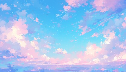 Fototapeta na wymiar A pink and blue sky with white clouds, in the anime aesthetic