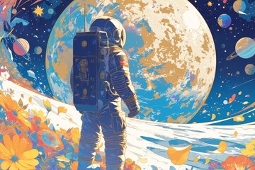 A psychedelic astronaut exploring an otherworldly planet with colorful planets and stars in the background, creating a surreal atmosphere. 