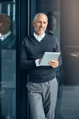 Keuken spatwand met foto Company, portrait and mature man with tablet, pride and confidence in business opportunity. CEO, entrepreneur or happy businessman boss with online project management, digital app and office lobby © peopleimages.com