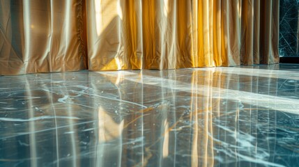 The plush velvet curtains provide a rich backdrop for the shimmering reflections of the sun on the polished marble floor adding to the decadent atmosphere of the glassfilled room. . - obrazy, fototapety, plakaty