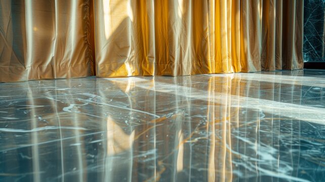 The plush velvet curtains provide a rich backdrop for the shimmering reflections of the sun on the polished marble floor adding to the decadent atmosphere of the glassfilled room. .