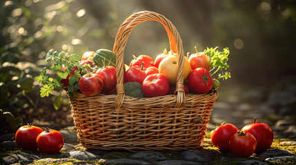 A picnic basket overflowing with fresh vegetables. Healthy eating concept, generative ai - 787524938