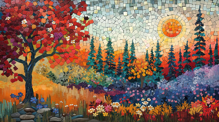 Mosaic painting depicting an autumn forest and the setting sun.