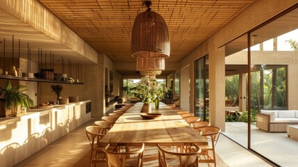 In the dining area a long rustic bamboo dining table is surrounded by minimalist chairs made of...