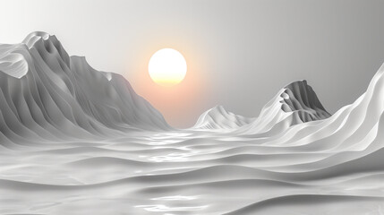 Minimalistic landscape with gray ocean waves and mountain peaks under an orange sun. A graphic image of the sun rising over the sea with waves, made in gray tones.