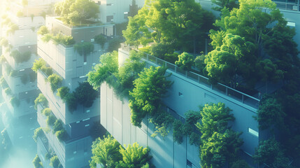 Ecological architecture: houses overgrown with trees.  Urban high-rise buildings with landscaping.  The concept of ecology in the city, urban greening, life in cities without people