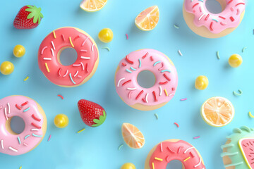 playful pink donuts with strawberries and lemon slices on a pastel blue background