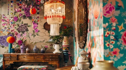 In a Bohemian Chic home office a mix of patterns and colors blend together to create an inspiring and artistic space. An ornately carved desk sits against a wall covered in a bold . - Powered by Adobe