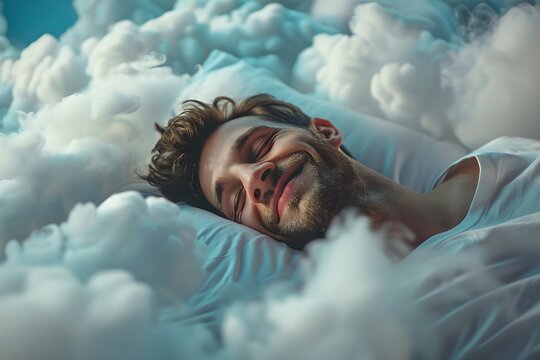 Smiling man sleeping among soft clouds. Dream and fantasy. Healthy living concept. Relaxation and sleep. Health and wellness. Design for banner, poster. Cloud Dancer - Color of the year 2026	 - Powered by Adobe