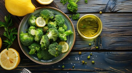 Healthy dish of broccoli cooked in lemon and olive oil on a plate Wooden backdrop Overhead shot...