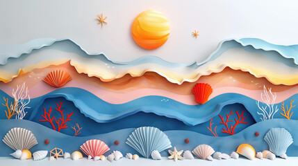Art illustration of the seabed with waves and shells and the sun above the waves - obrazy, fototapety, plakaty