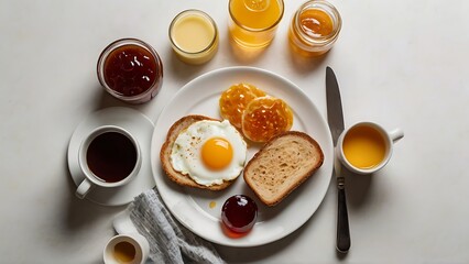 Obraz na płótnie Canvas Morning Nutritional Delight: Egg, Bread, Jam, Butter, Milk, Honey, Coffee Mug, and Glass on White Background