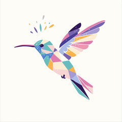 Flat vector svg logo Hummingbird, Cute Kawaii Simple Geometric Mosaic Print-on-Demand Animal Illustration T-shirt Design, Solid Background Nature Cartoon Colorful Concept isolated Premium Icon