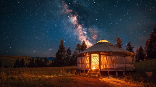 A traditional yurt in a meadow with a warm fire crackling in the center and a clear view of the Milky Way galaxy above. 2d flat cartoon.