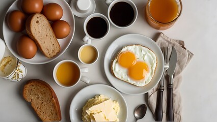 Nutrient-Rich Breakfast: Egg, Bread, Jam, Butter, Milk, Honey, Coffee Mug, and Glass Arranged on White Background