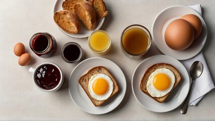 Obraz na płótnie Canvas Healthy Start: Breakfast Spread with Egg, Bread, Jam, Butter, Milk, Honey, Coffee Mug, and Glass on White Background