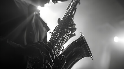 a skilled musician playing a saxophone. The saxophonist’s hands deftly navigate the instrument’s keys, creating soulful melodies. - obrazy, fototapety, plakaty