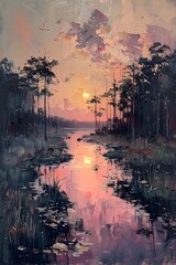 painted swamp landscape at sunset with spatula technique