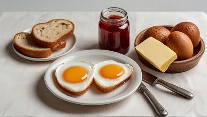 Wholesome Breakfast: Egg, Bread, Jam, Butter, Milk, Honey, Coffee Mug, and Glass of Milk Arranged on White Background
