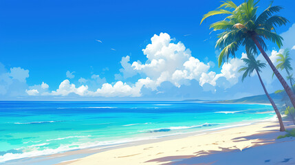 Fototapeta na wymiar Tropical sandy beach with palm trees, turquoise sea and clear blue sky.