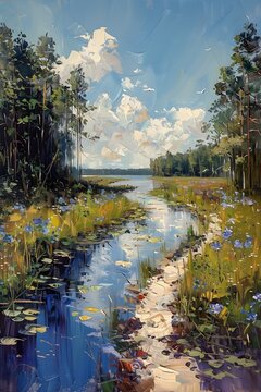 Abstrakte Landschaft eines kleinen Flusses und B&auml;umen in Spachteltechnik gemalt