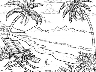 Cartoon Sandy beach on exotic island, summer vacation. Children coloring book. Generative ai.