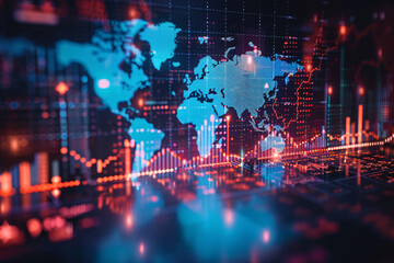 Obraz premium World finance map with stock charts and graphs, globalization, global trade, world finance, msci world concept