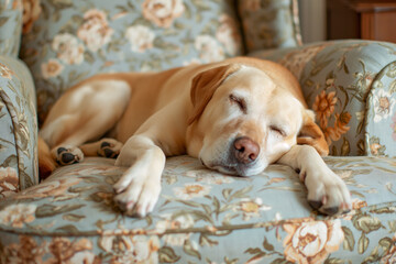 A peaceful yellow Labrador sleeps soundly, stretched out on a floral-patterned armchair, embodying the essence of relaxation and home comfort.