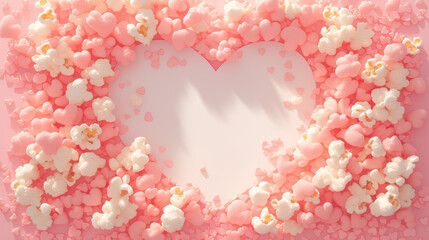 Romantic composition in the shape of a popcorn heart.  Popcorn is laid out in the shape of a heart.