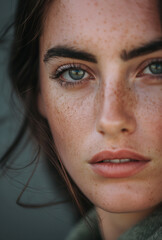 A thoughtful half-portrait of a woman with striking green eyes and a freckled complexion, embodying a pensive mood with a depth of emotion.